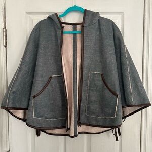 Anthropologie Hooded Poncho, One Size, Blue/Cream, Reversible